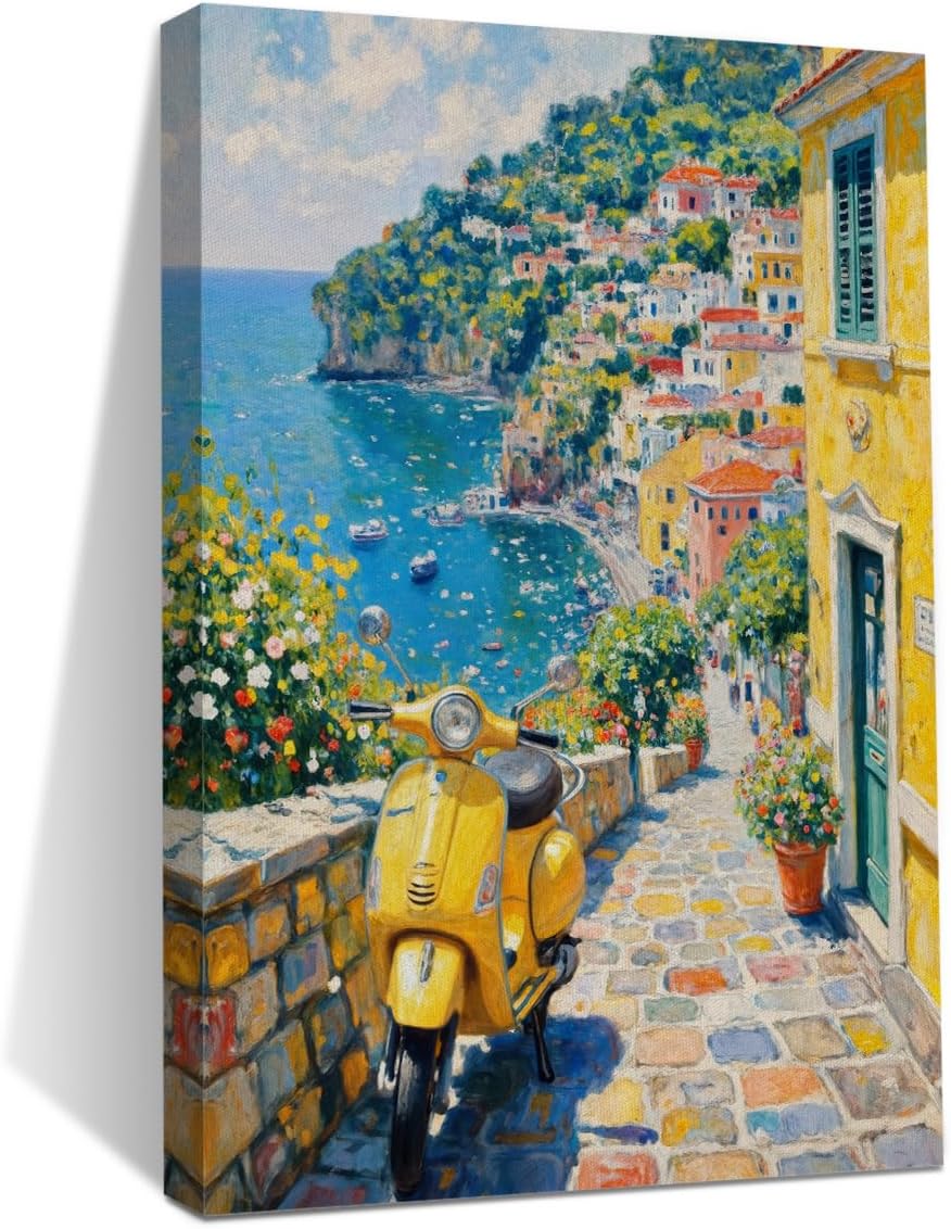 Italy Coast Landscape Wall Art, Italy Motorcycle Summer Watercolor Painting Canvas Framed Prints Modern Decorations, Rustic Theme Flowers Poster for Living Room Entryway Farmhouse Bedroom Dining room