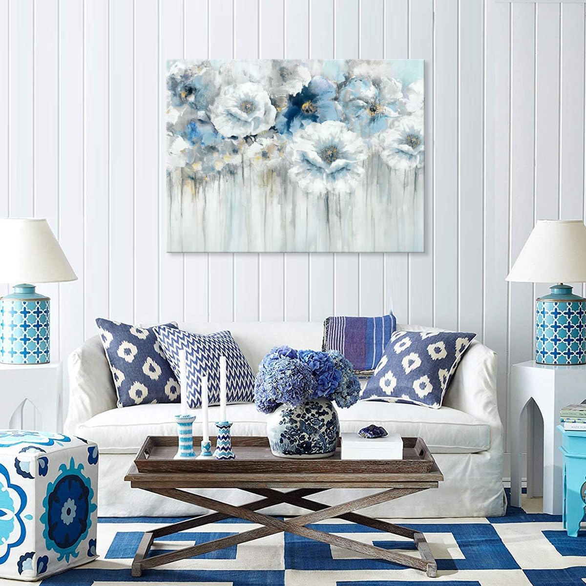 Living Room Flowers Canvas Wall Art Blue and White Floral Pictures with Gold for Gray Bedroom Decor 32" x 24"
