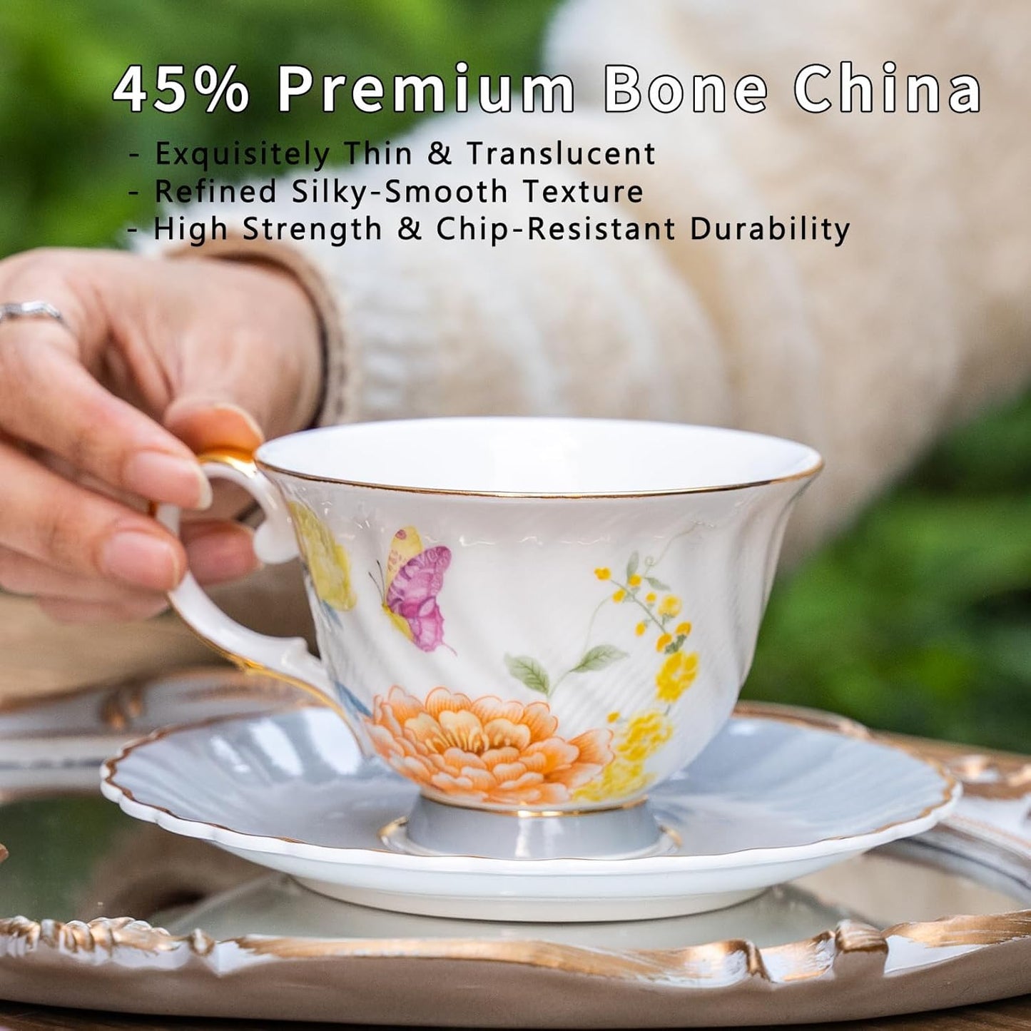 Floral Tea Cup and Saucer Set, Vintage Cup with Gold Trim, Bone China Coffee Cup with Saucer and Spoon, Ceramic Food Grade Mug for Women, Tea Party, Gifts Giving, 6.8 oz