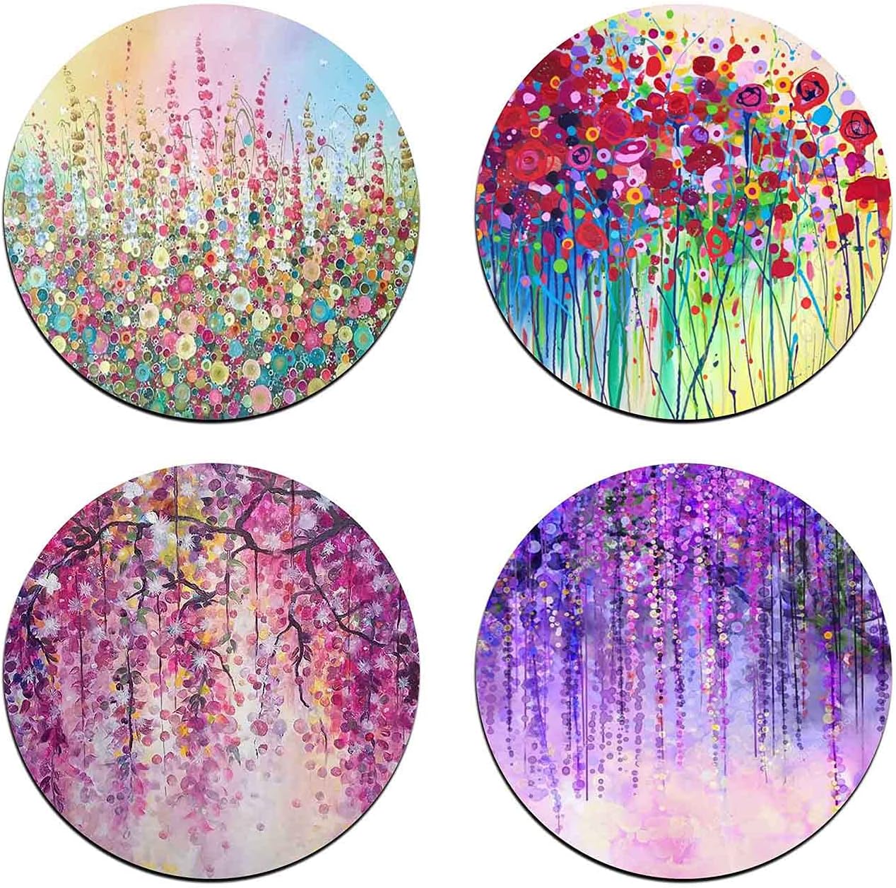 Colorful Watercolor Flowers Round Coaster Set - Made of Recycled Rubber - Set of 4