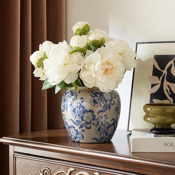 Blue and White Vases, Ceramic vases for Home Decor, Farmhouse Flower vase, Blue vase for Living Room Decor, Vintage Vase for Console Table Mantle Chinoiserie Decor