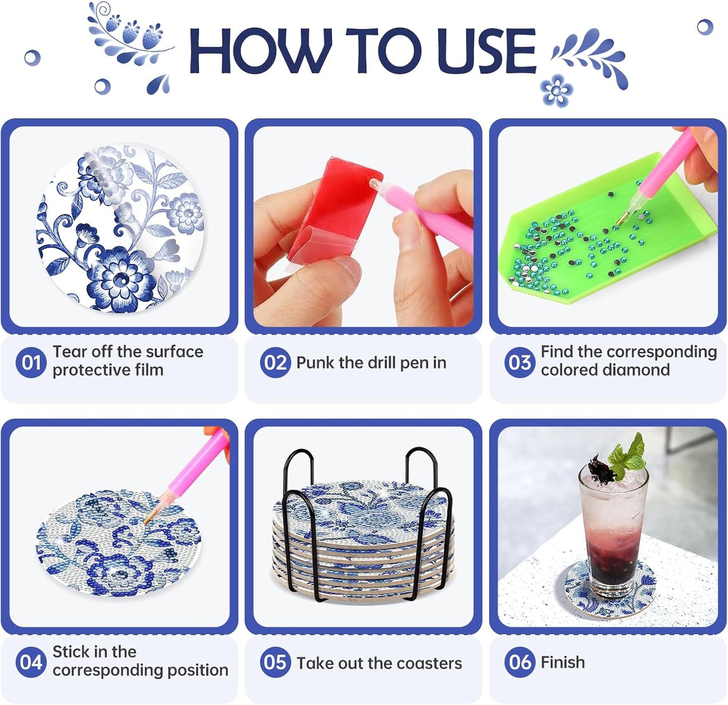 Blue Flower Diamond Art Coasters - 8 Pcs Diamond Painting Coasters Kits with Cork Base Home Table Decor DIY Crafts Party Supplies Mother's Day Birthday Gift for Adult Beginners