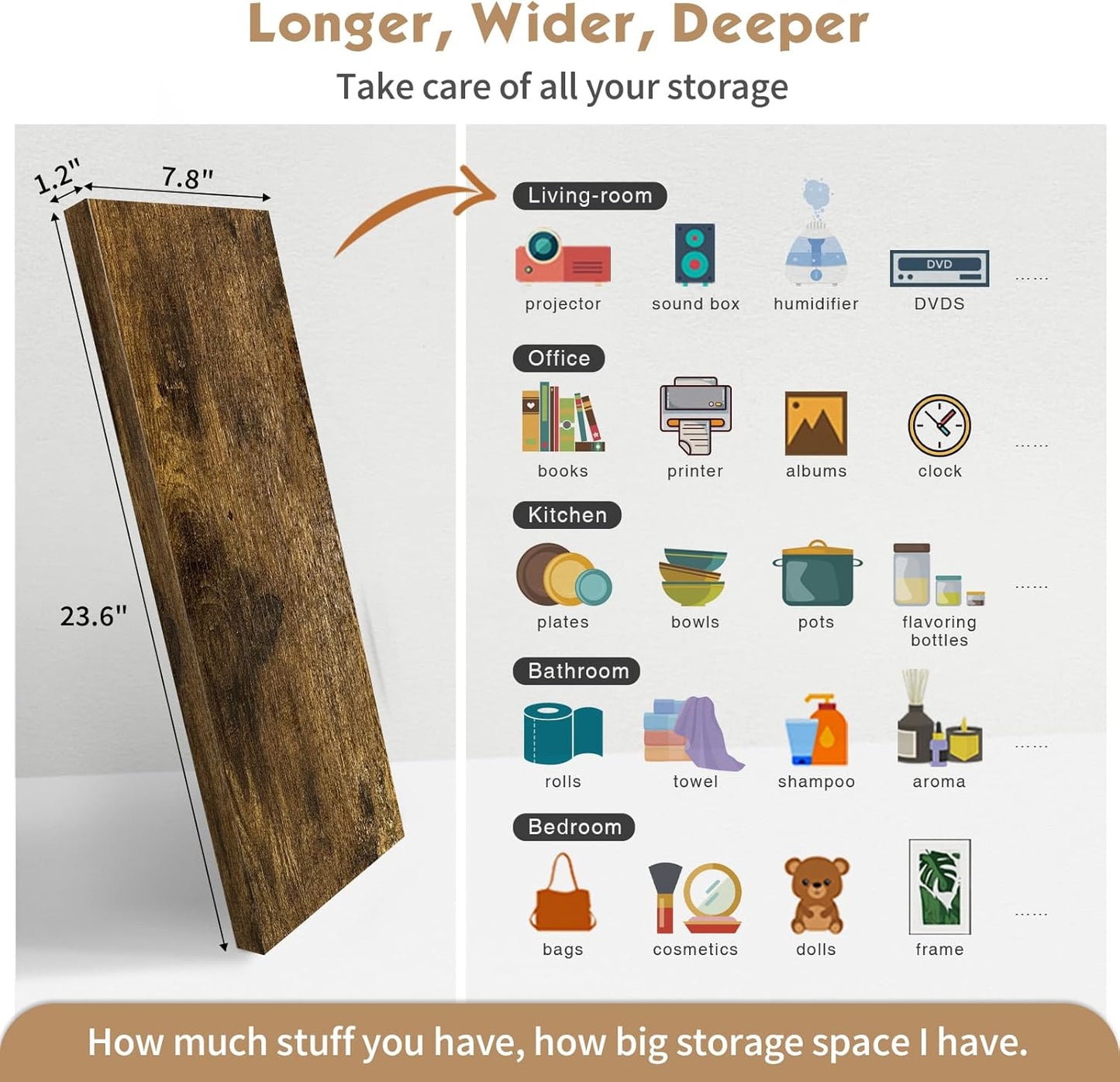 Forbena Rustic Brown Floating Shelves for Wall Set of 3, 24 Inches Long Hanging Shelves for Bedroom Storage, Large Wall Mounted Shelves for Living Room Books, Closet (Dark Wood)