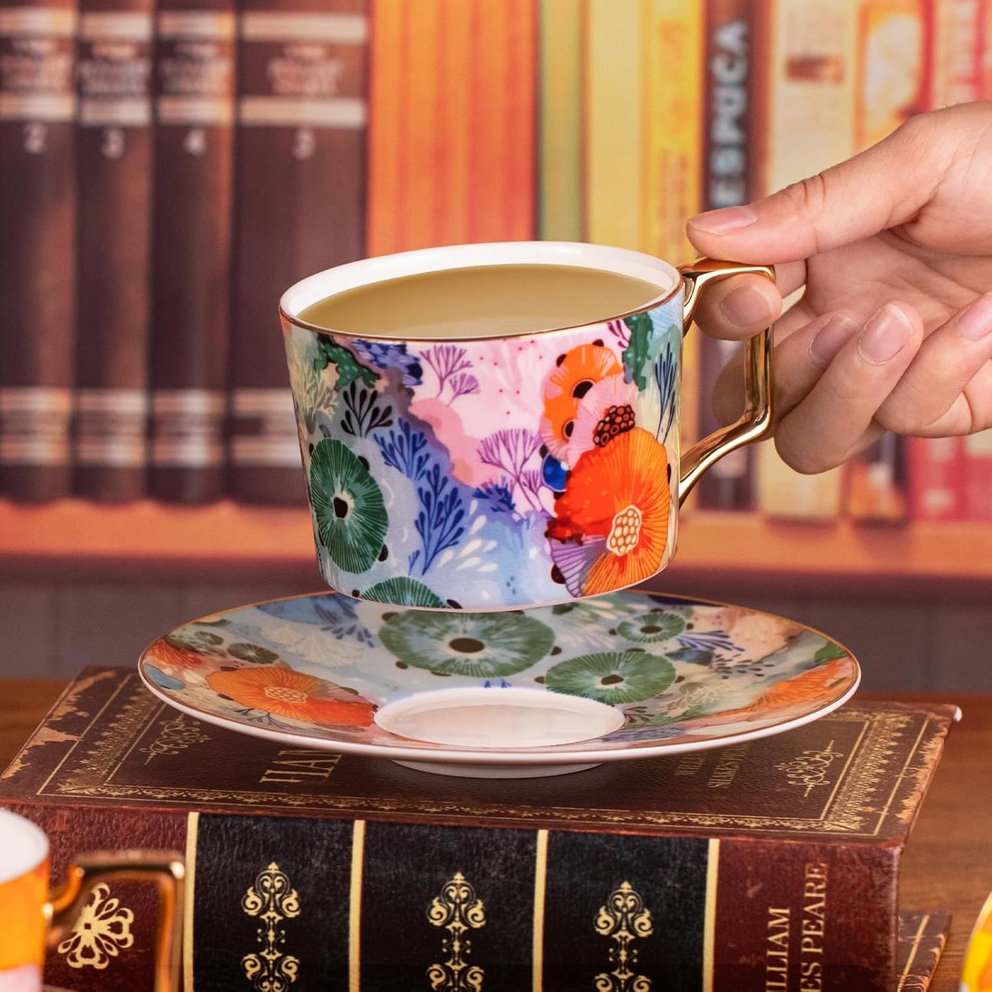 KAMMAK Tea Cups and Saucers Set of 2, Fine Bone China Coffee Cups, 8.5-Ounce Stackable Espresso Mugs, Ceramic Demitasse for Coffee, Cappuccino, Latte, Americano, Tea, Floating World