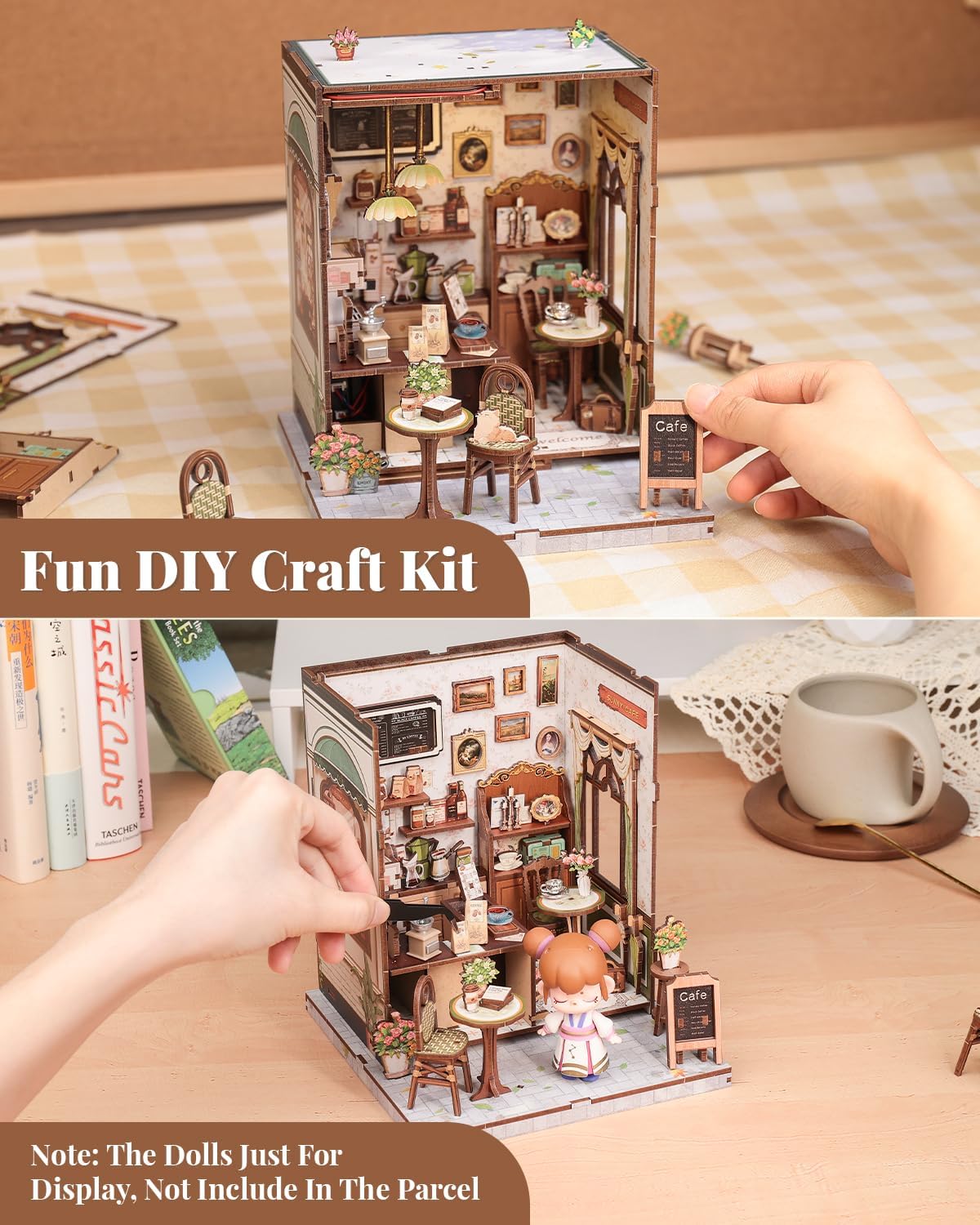 CUTEBEE Book Nook Kit - DIY Miniature House Dollhouse Kit for Adult and Teens, Booknook Bookshelf Decor Alley Model Build with LED Light, Gifts for Family and Friends (Sunny Cafe)