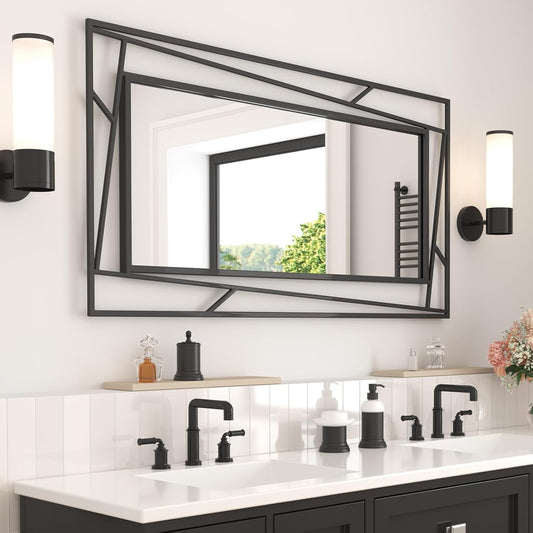 Black Framed Mirror for Bathroom Vanity 45" x 30" Matte Black Rectangle Beveled Frame Wall Mirror for Over Sink, Tempered Glass, Modern Farmhouse Bedroom, Entryway, Living Room