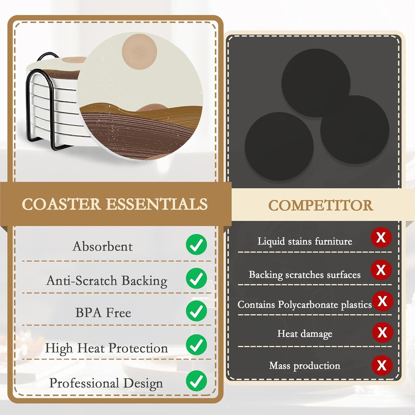 Drink Coasters with Holder,6 Pcs Japanese Style Sun Landscape Coffee Cup Mat with Storage Holder, Durable Ceramic Coaster Set for Hot & Cold Beverages