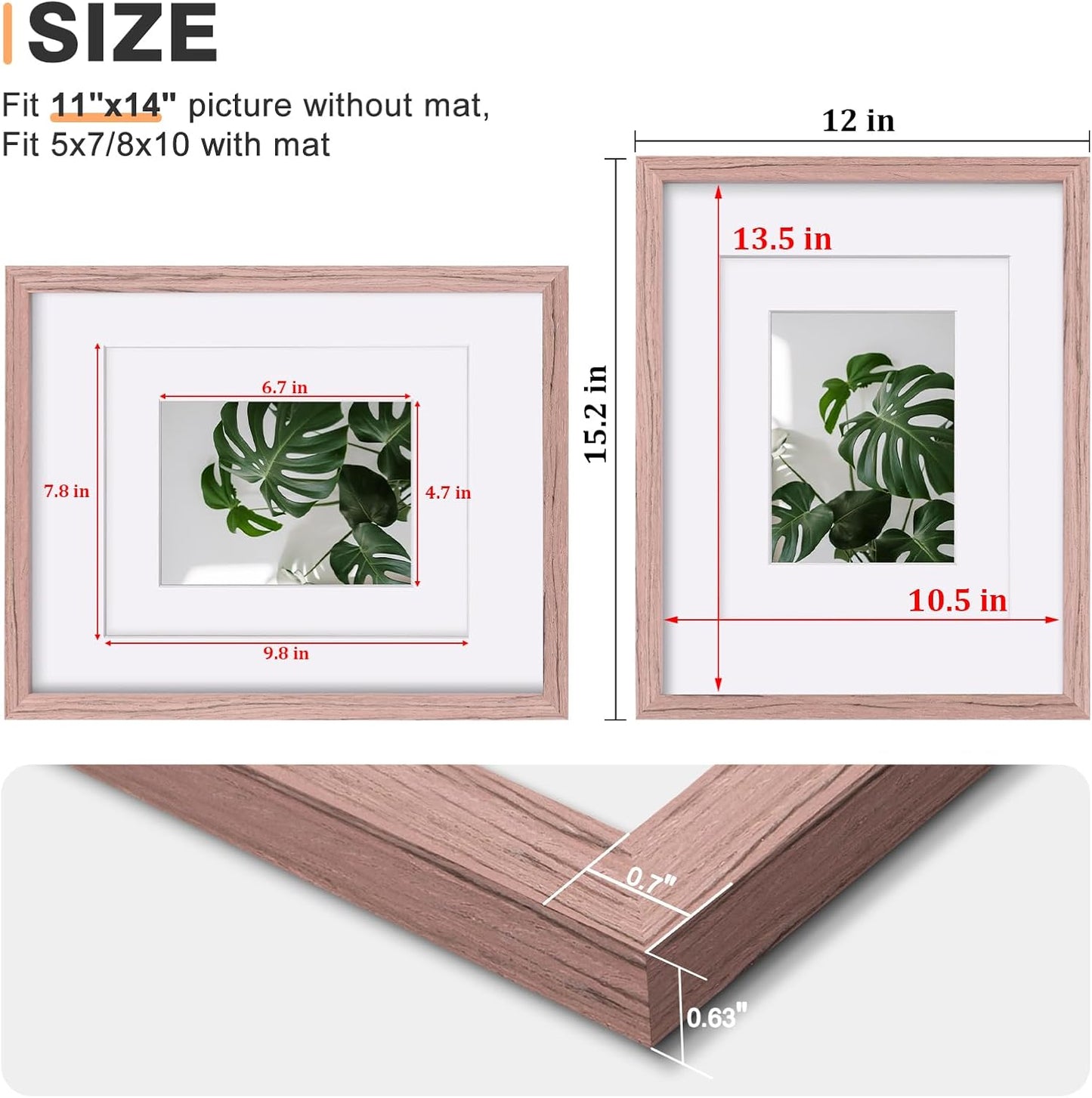 Egofine 11x14 Picture Frames Set of 4, Made of Solid Wood Covered by Plexiglass 5x7 and 8x10 with Mat or 11x14 without Mat, for Table Top Display and Wall Mounting Photo Frame Peach Pink