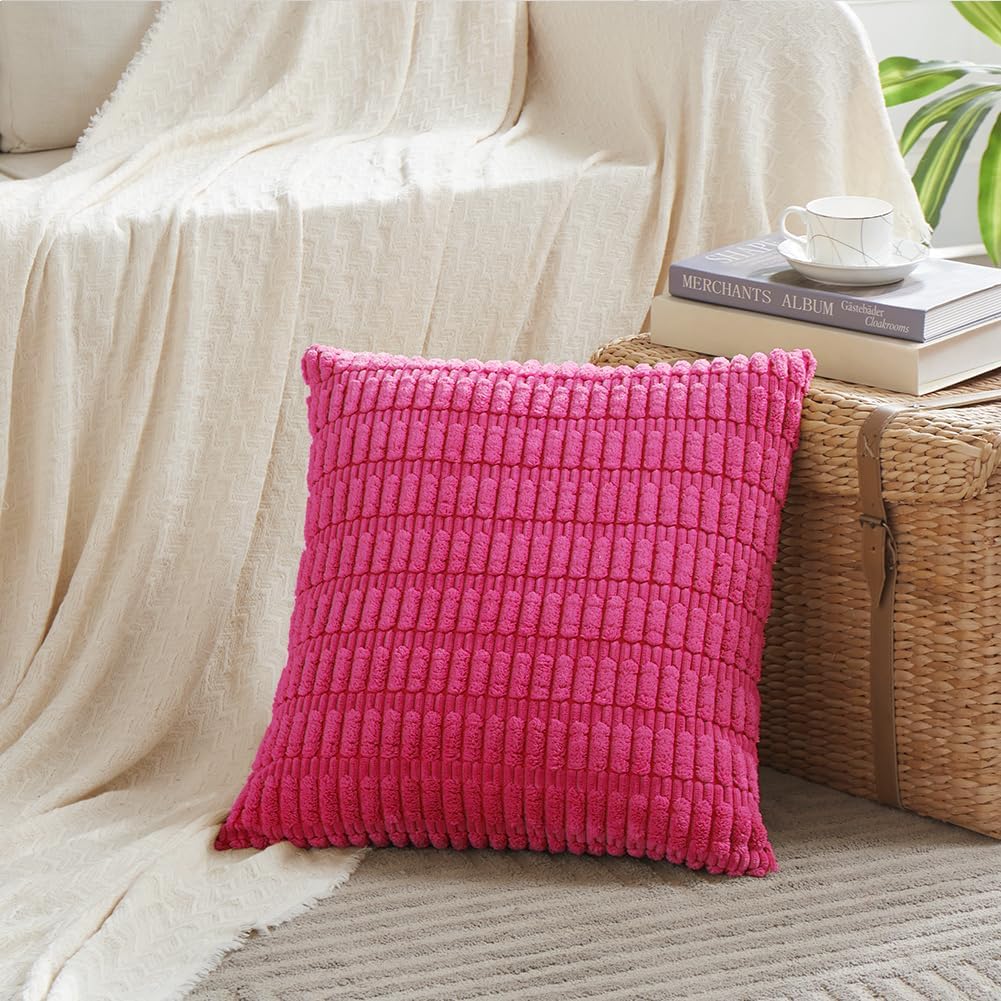 Fancy Homi 4 Packs Boho Hot Pink Decorative Throw Pillow Covers 18x18 Inch for Couch Bed Sofa, Rustic Modern Farmhouse Home Decor, Soft Plush Corduroy Cute Square Cushion Case 45x45 cm