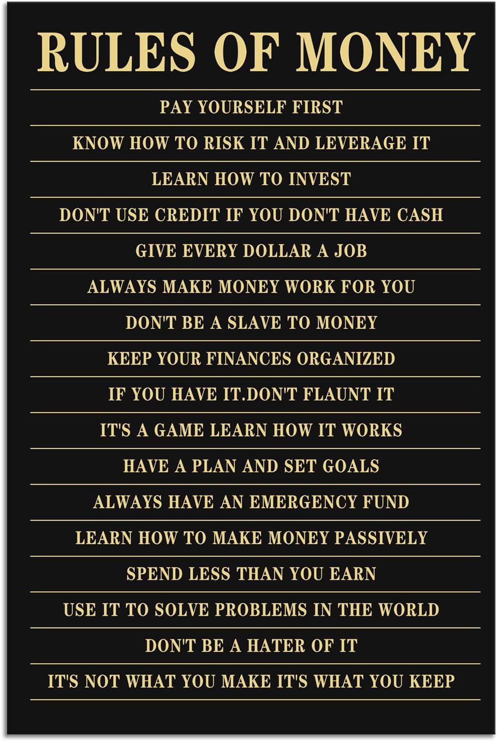 Inspirational Canvas Wall Art Rules of Money Pictures Print Motivational Poster Painting Modern Home Decor Artwork for Bedroom Living Room Office Wall Decor Framed Ready to Hang[12''W X 18''H]