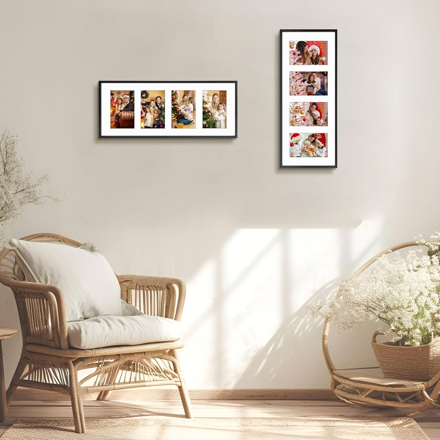 Frametory - 8x20 Aluminum Collage Picture Frame - Display 4x6 Pictures with 4 Openings Mat - Real Glass Front - Horizontal/Vertical Wall Mount - Black 1 Pack