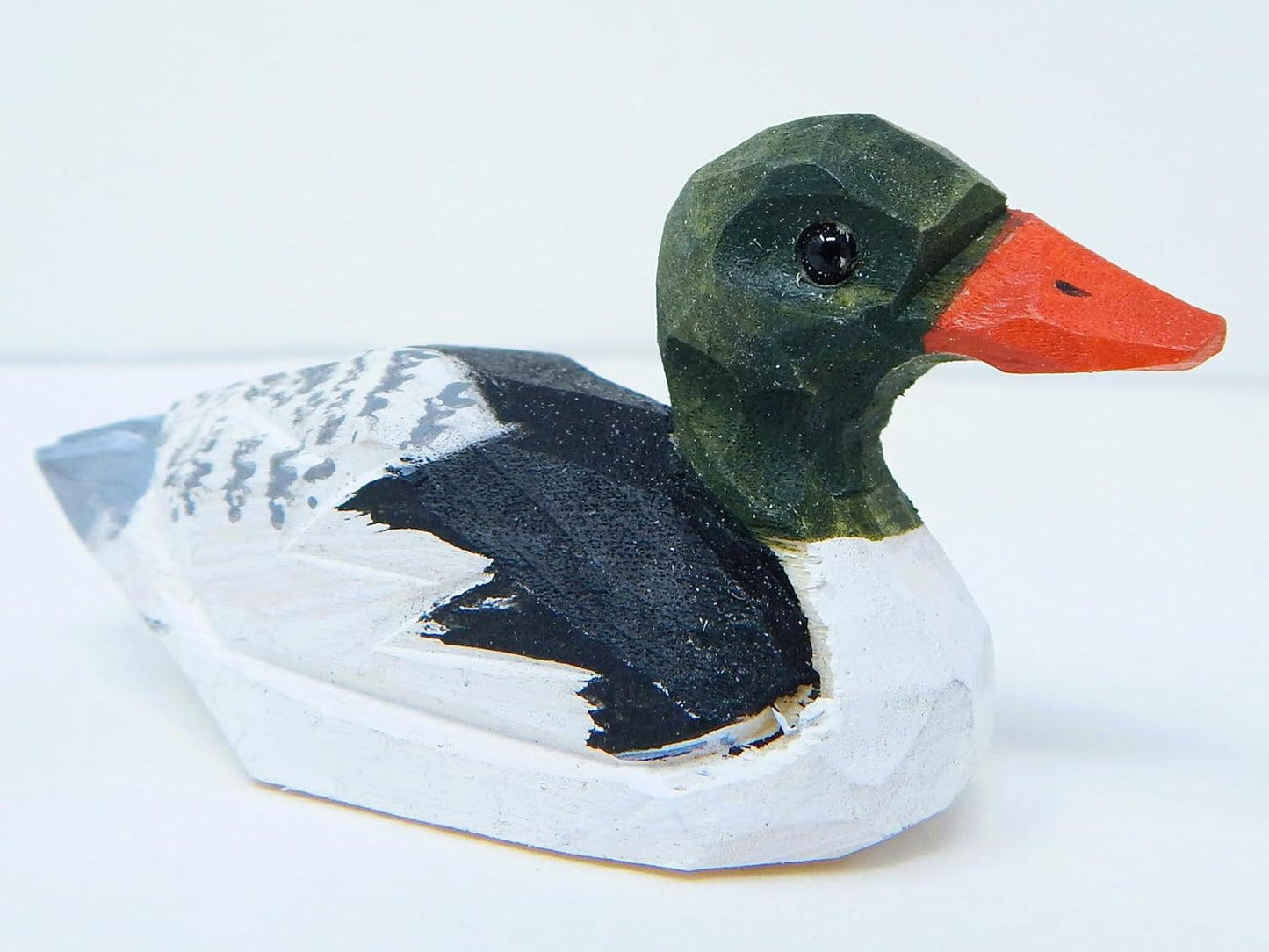 Merganser Duck Hand-Carved Wooden Figurine - Miniature Wooden Bird Sculpture, Small Animal Collectible Decoy Sculpture. Nature-Inspired Decor & Collectible Gift