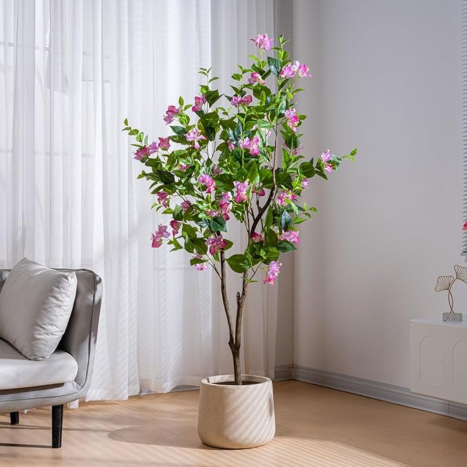 5FT Artificial Bougainvillea Tree Artificial Tree Tall Potted Fake Bougainvillea Trees for Outdoor Indoor Lifelike Potted Faux Plants with Wood Trunk and Flowers Office Wedding Home Decor