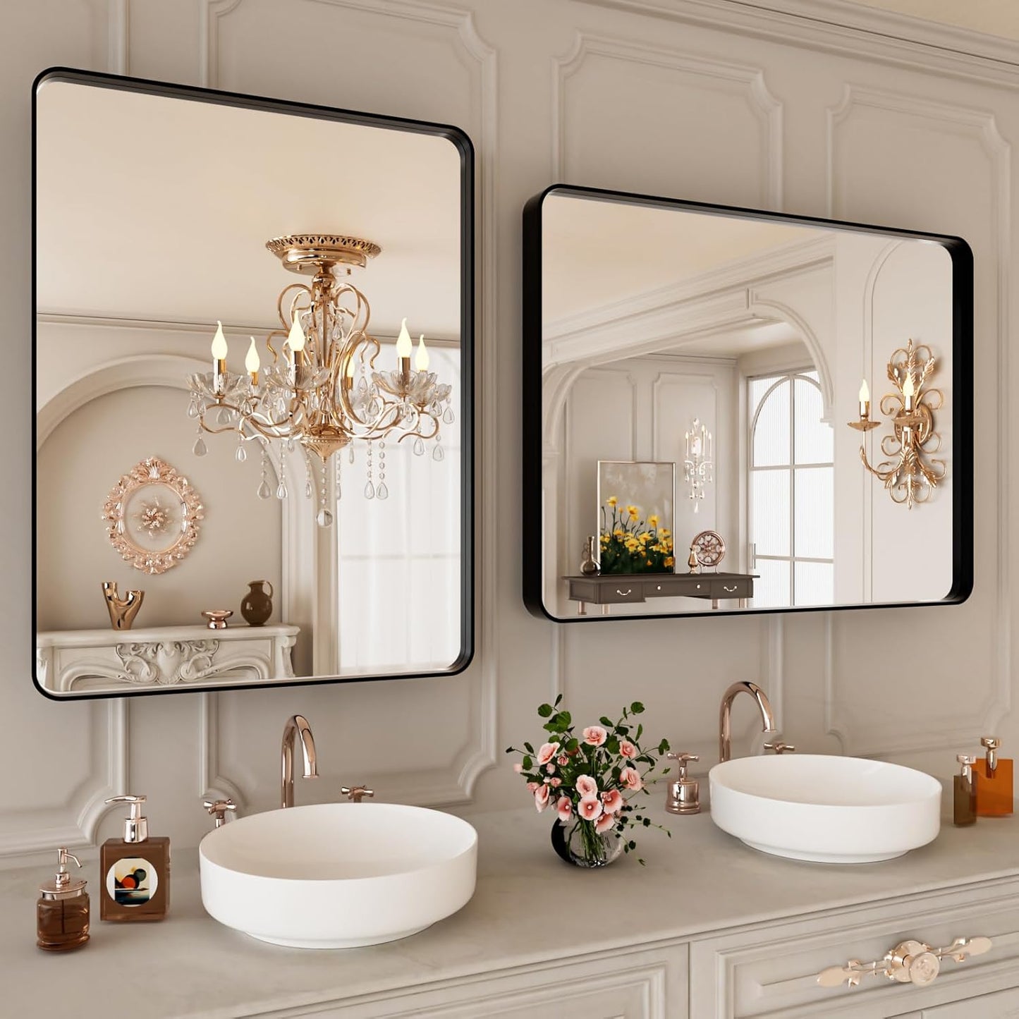 Black Bathroom Vanity Mirror 28x36 Inch,Rounded Rectangle Matte Black Mirror for Bathroom Wall,Tempered Glass,Horizontal or Vertical