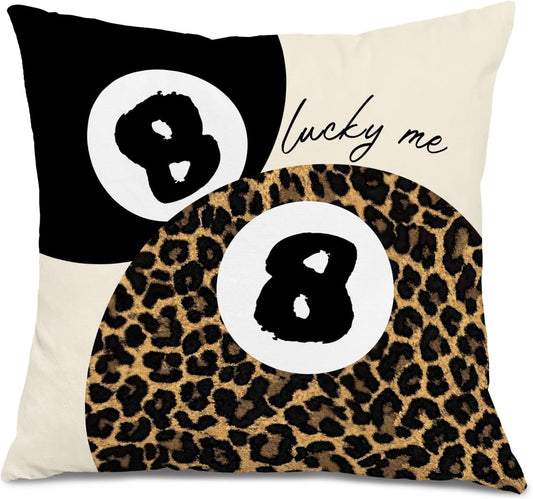 Coquette Pink Bow Leopard Print Lips Lucky 8 Ball Throw Pillow Covers 18x18, Cheetah Room Decor, Funky Y2K Leopard Print Decorative Pillow Covers for Girls Room Dorm Apartment Home