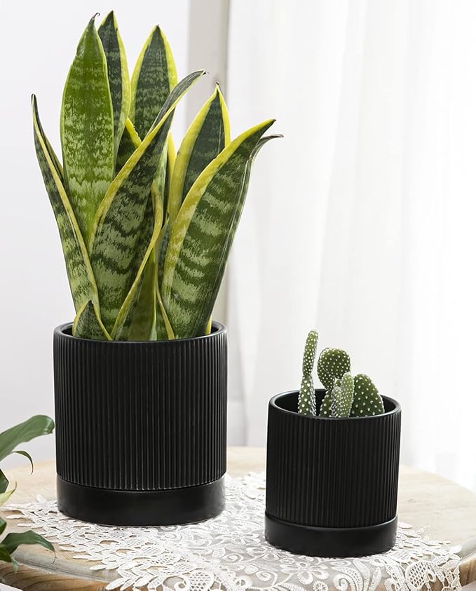LaDoVita 3 Pack Ceramic Plant Pots 6/5/4 inch, Flowerpot for Indoor Plants with Drainage Holes and Tray, Outdoor Garden Planters, Modern Decorative for Home, Black Vertical Stripes