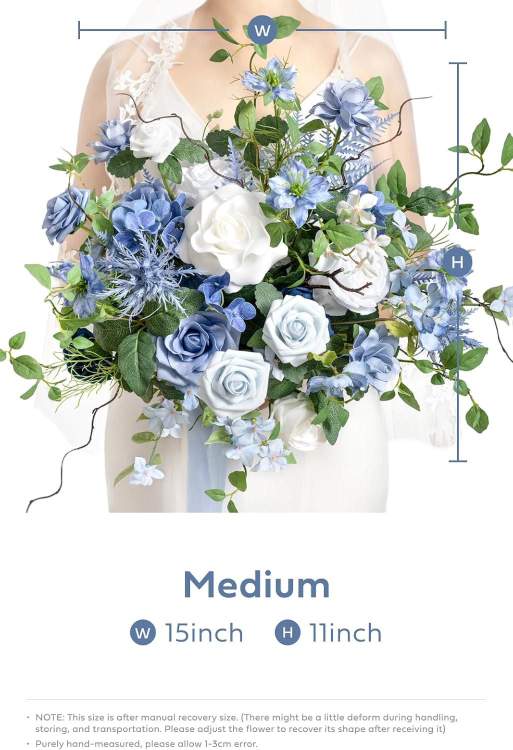 Ling's moment Dusty Blue Wedding Bouquets for Bride, Blue and White Bridal Bouquets for Bride,15 Inch Free Form Artificial Wedding Flower Bouquet