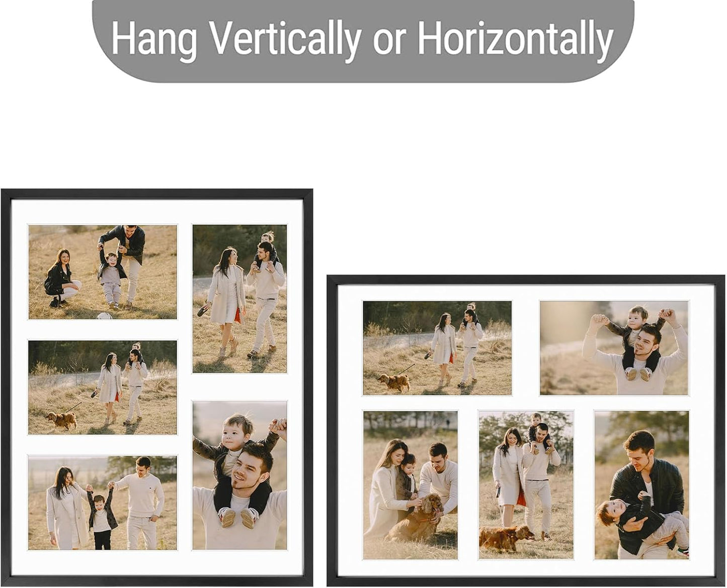 Frametory - 11x14 Aluminum Collage Picture Frame - Display 4x6 Pictures with 5 Openings Mat - Real Glass Front - Horizontal/Vertical Wall Mount - Black 1 Pack