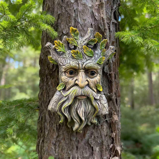 Blue Eye Leaf Tree Face Sculpture, Funny Blue Eye Leaf Old Man Tree Hugger Statue, Indoor & Outdoor Creative Props for Garden and Home,9" x 7" x 2.4"