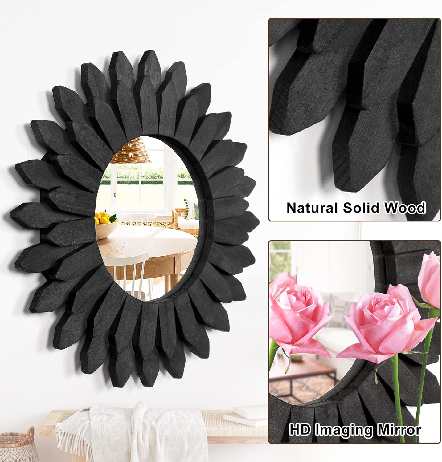 Emfogo Wall Mirror 12 inch Rustic Wood Sunburst Boho Mirror Farmhouse Wall Decor Room Decor Home Decor for Bedroom Living Room Entryway (Vintage Black)