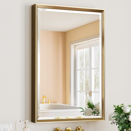 Gold Bathroom Mirror, 24x36 Brushed Gold Bathroom Mirror Beveled Edge, Gold Framed Rectangle Bathroom Vanity Mirror, Anti-Rust Brushed Brass Metal Frame Wall Mirror Vertical/Horizontal
