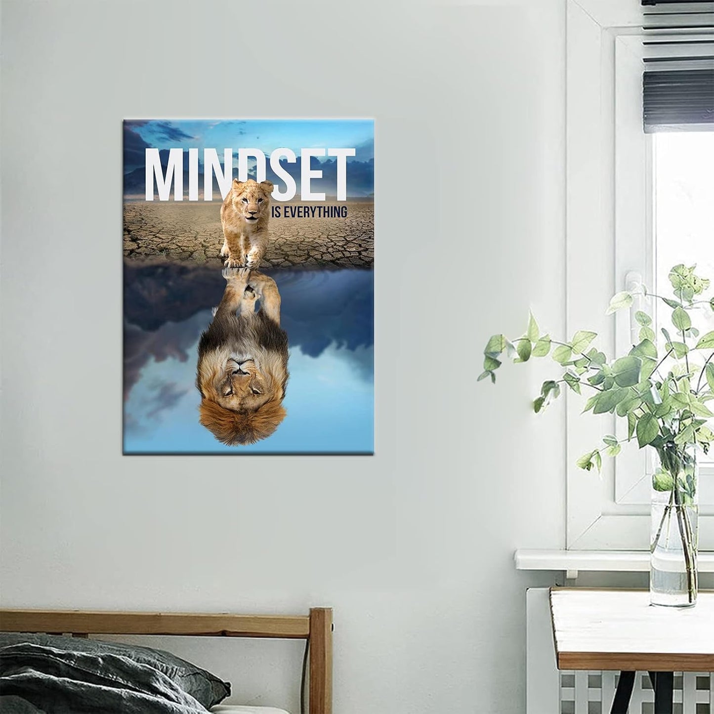Inspirational Canvas Wall Art Small Cat And Big Lions Mindset is Everything Painting Cute Animal Poster Prints Wall Pictures for Living Room Home Decor Office Framed Ready to Hang [18''Wx 24''H]