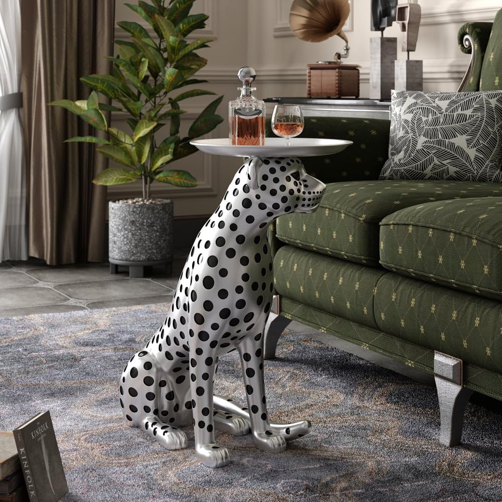 LOVEDIMA 24.2" Resin Panther Statue Luxury Silver Leopard Floor Figurine Accent Side Statue with Tray Top for Small Space Living Room Bedroom
