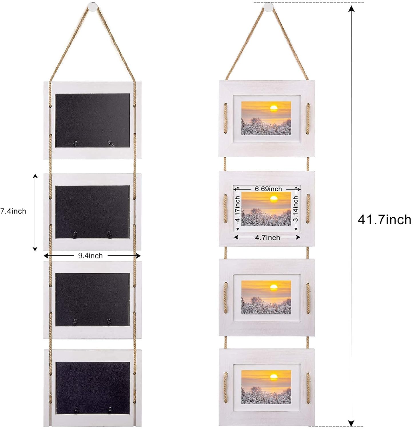 DLQuarts 5x7 Hanging Picture Frames Collage Wall Decor, 4-Opening 5x7 Matted to 3.5x5 Photo Rustic Wood Frame with Hemp Rope, 1 Pack, Vintage White