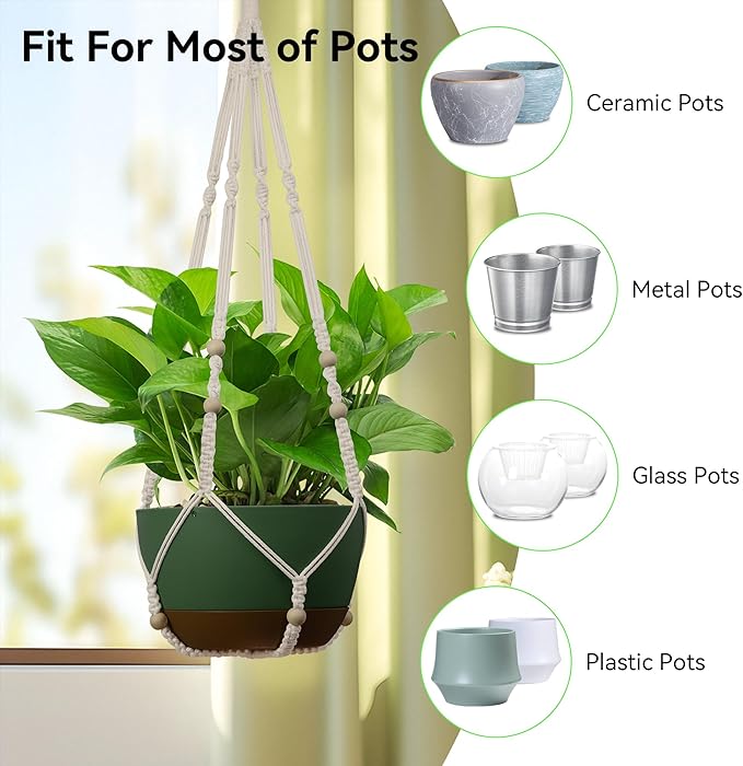 USLAI Macrame Plant Hanger Indoor Outdoor, Up to 4-15 inch Pot, Heavy 20lb Planters, Extra Long Strong Hanging Planter Basket, Boho Home Decor, 35 Inch, Ivory, Set of 2 (POTS NOT Included)