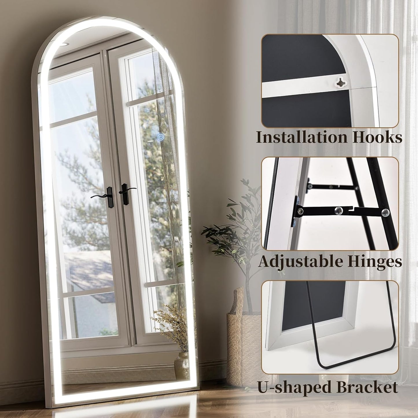 GLSLAND 26"x68" Arched LED Full Length Mirror with Lights Wall Mounted/Standing, Dimmable Floor Lighted Mirrors W/Anti-Fog, Touch Control for Bedroom, Dressing Room