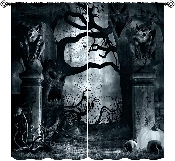 Gothic Blackout Curtains, Halloween Creepy Horror Gargoyles Bat Pumpkin Skeleton Pattern Drapes Window 2 Panel Rod Pocket Curtain for Bedroom Living Room Decor 21" W X 63" L