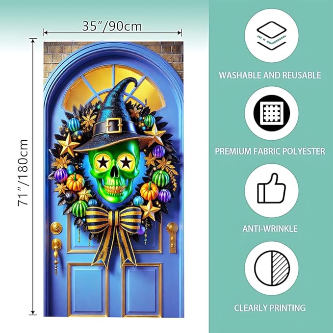 2D flat Funny Green Monster Christmas Door Banner Holiday Front Door Decorations for Indoor Outdoor Xmas Party Door Cover 71x35 Inch