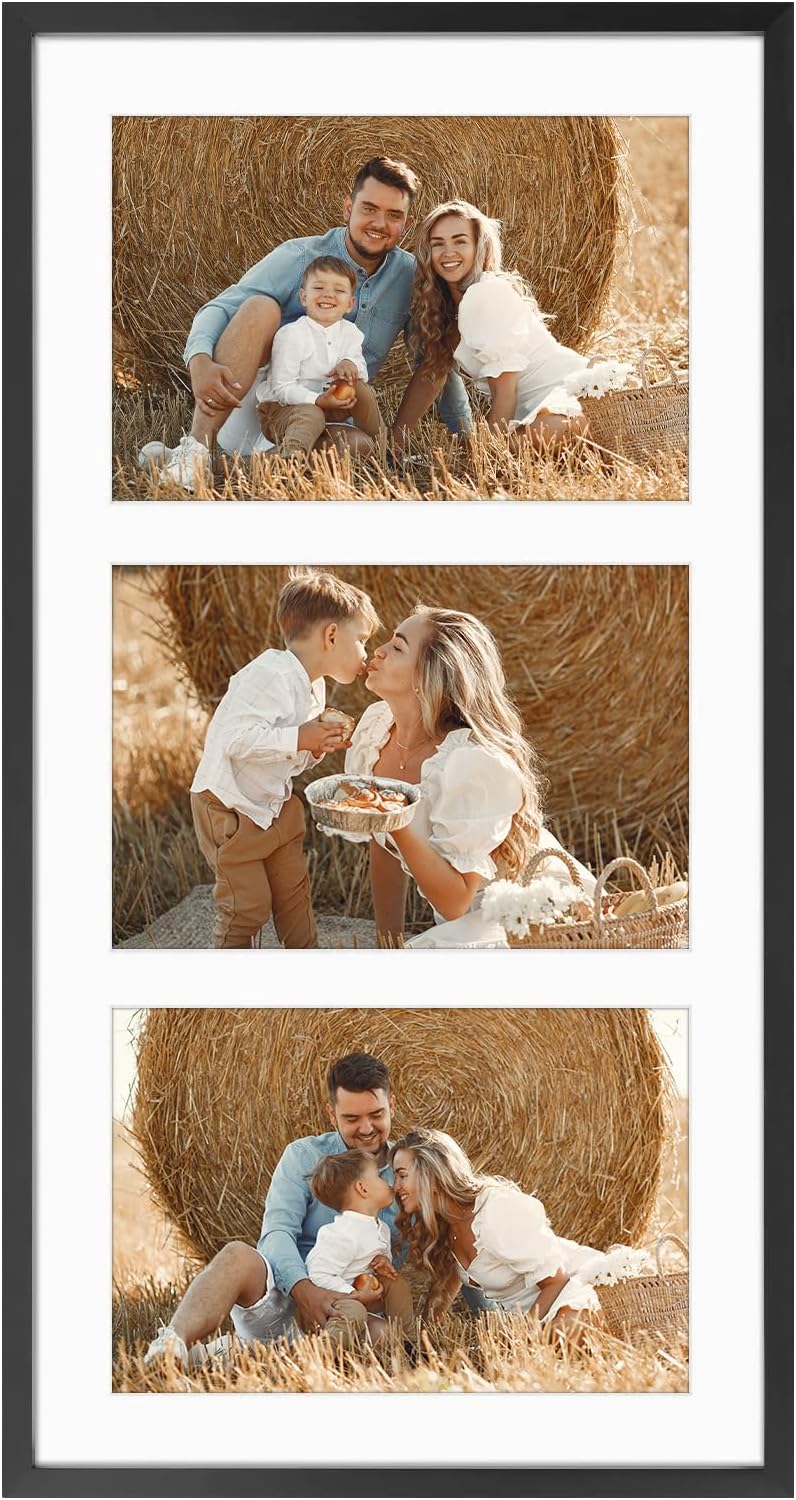 Frametory - 8.5x16.3 Aluminum Collage Picture Frame - Display 5x7 Pictures with 3 Openings Mat - Real Glass Front - Horizontal/Vertical Wall Mount - Black 1 Pack