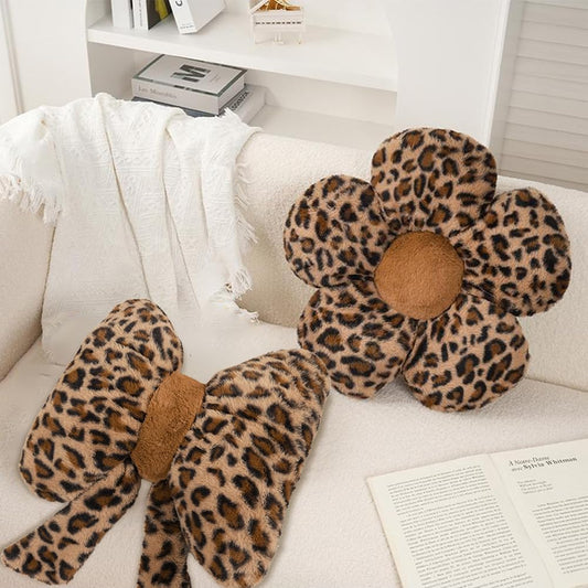 Leopard Print Bow Throw Pillows Cute Flower Plush Pillow Stuffed Bow Backrest Cushion Home & Car Decoration（2 Pack）