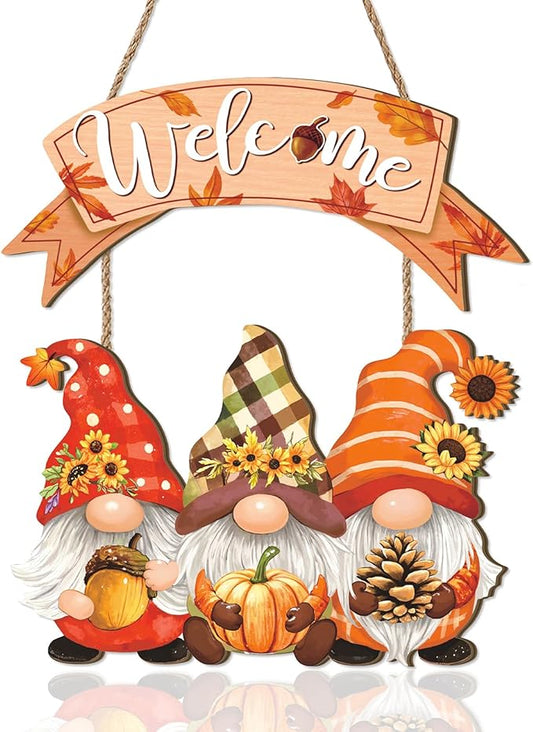 Fall Welcome Door Sign,Autumn Gnome Welcome Sign,Fall Gnome Sign,Thanksgiving Wooden Front Door Sign,Fall Pumpkin Wall Plaque,Rustic Sunflower Wall Sign for Farmhouse Porch Outdoor Home Garden