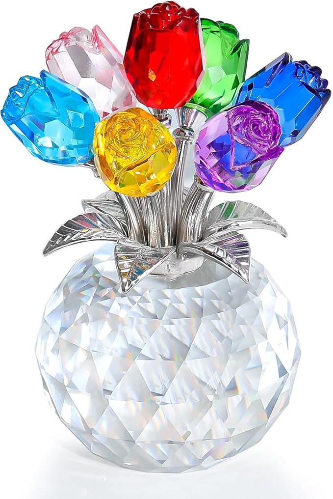 Ornalrist Crystal Colorful Rose Flower Collectible Figurine with Vase, Rose Bouquet Floral Romantic Gifts for Wife Mom Women on Mother's Day Valentine's Anniversary Christmas (5.11'' Gift Boxed)