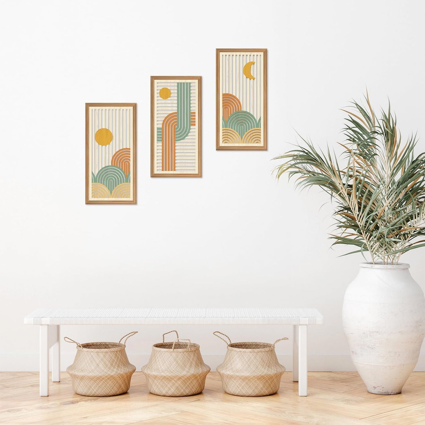 IARTTOP 3 Pcs Boho Abstract Wood Wall Art Modern Geometric Artwork Bohemian Sun and Moon Wood Wall Decor Minimalist Line Hanging Decor for Living Room Bedroom Apartment 7.9 x15.8 Inch