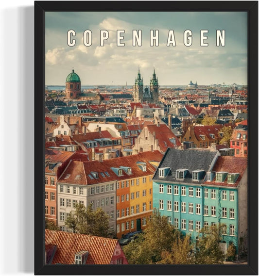 Copenhagen, Denmark Art Print Poster, Europe Vintage City Retro Photography Skyline Travel Bedroom Bathroom Living Room Decor 183 (Copenhagen, Denmark, 16 x 20 inches, Black Frame)