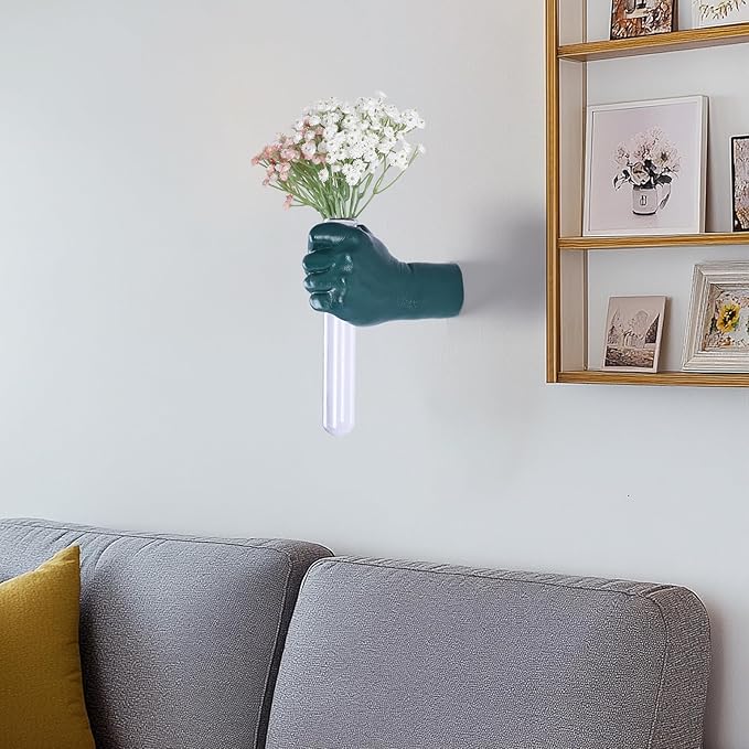 Green Wall Sculptures, Hand Vases Home Decor, Wall Mount Art Sculpture, Unique Wall Art Statue, Funky Flower Vase Decorations, Modern Eclectic Hanging Decor,Glass Test Tube Vase