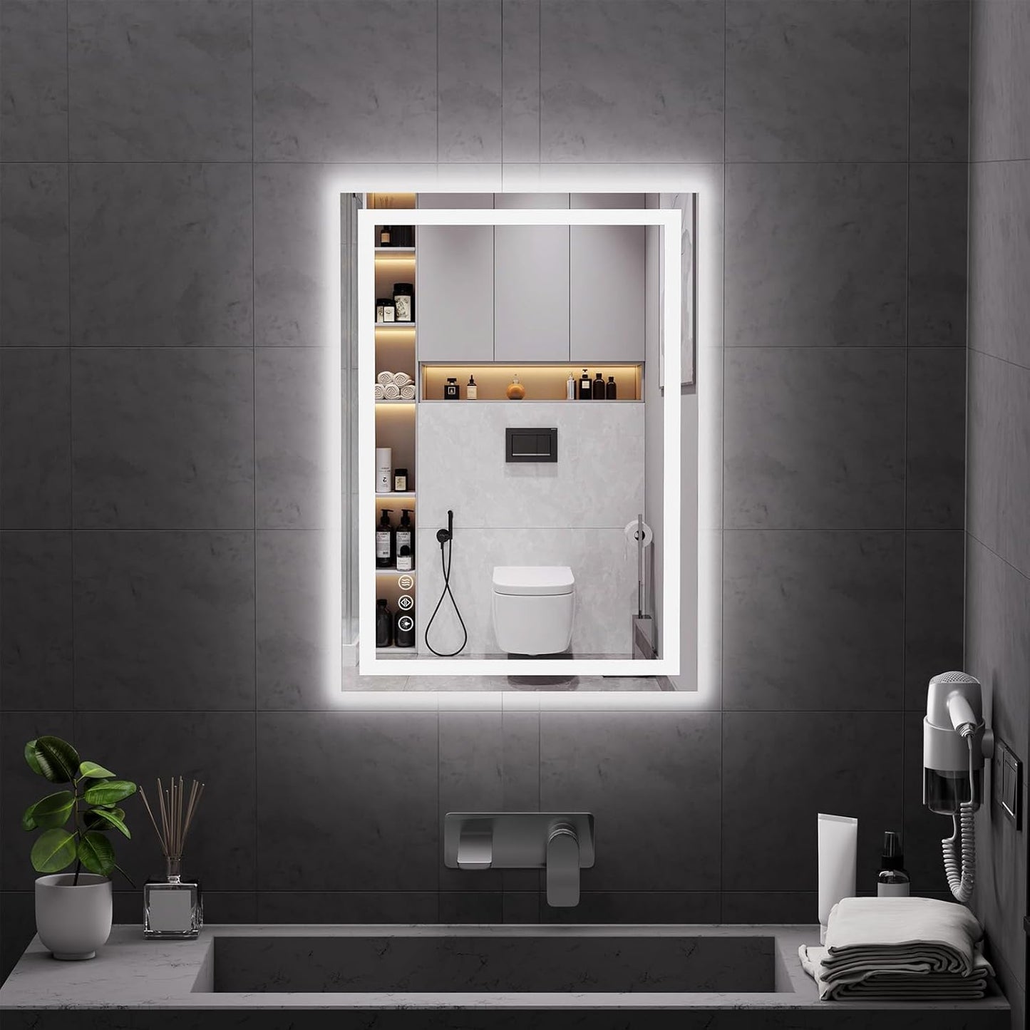 Koonmi 28"x20" LED Mirror for Bathroom, 90CRI Anti-Fog Vanity Mirror with Front and Backlight, Shatter-Proof Wall Mirror with Light, Easy Install Lighted Mirror for Modern Bathroom (IP65)
