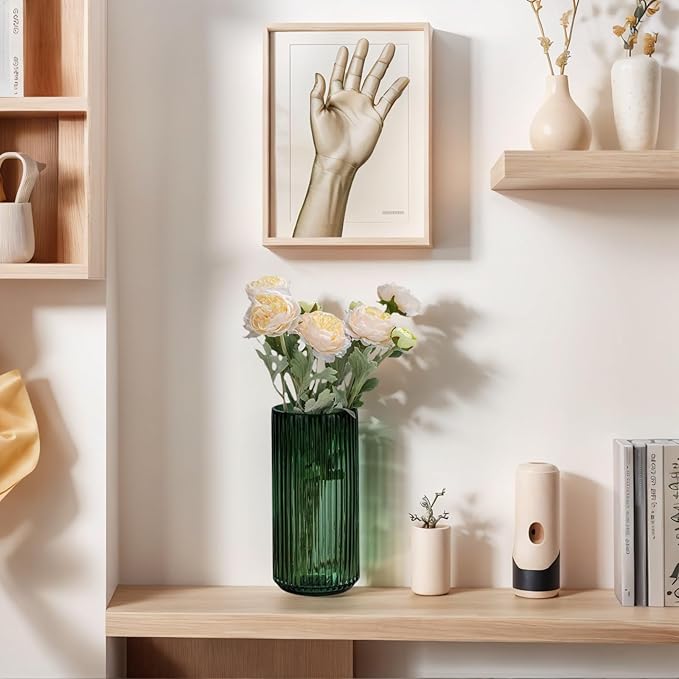 Ekirlin Green 7.5 inch Flower Vase for Home Decor, Thickened Hand Blow Glass Vase Round Vintage Striped Bottles for Bookshelf, Dinner Table, Indoor, Office, Desktop, Meeting Room, Bathroom, Best Gift