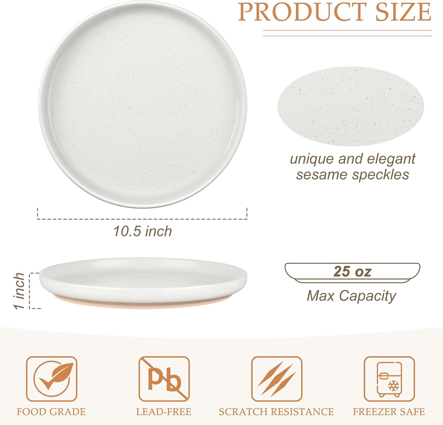 LIANYU Stoneware Dinner Plates Set of 6, 10.5 Inch Porcelain Dinner Plates for Kitchen, Large and Round Ceramic Salad Dishes Set, Oven, Microwave & Dishwasher Safe, Scratch Resistant, Three-color