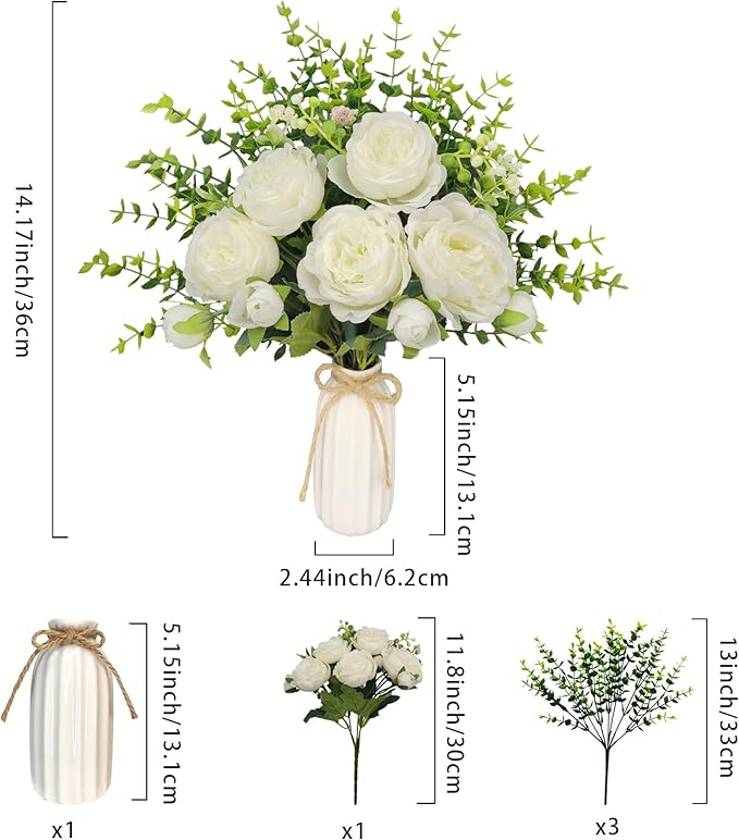 Fake Flowers in Vase, Ceramic Vase with Artificial Silk Flowers, Faux Eucalyptus Stems Flower Arrangement for Farmhouse Indoor Table Centerpiece, Bathroom Living Room Home Decor, Bedroom Decorations