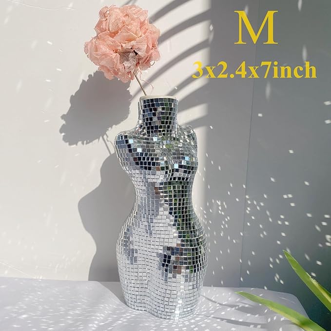 Modern Chic Vase Form, Centerpieces 7 inch Silver Handmade Ceramic Disco Shaped Vase, Creative Disco Floral Vases for Flowers Plant Boho Home Art Decor, 3x2.4x7inches