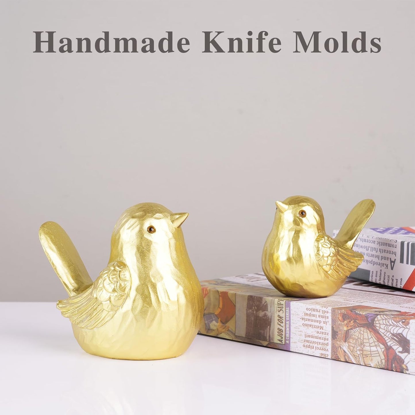 Gold Bird Decor - Small Bird Statues Modern Style Figurines for Living Room, Desk & Entryway, Cute Country Decor (Gold, 1B & 1S)