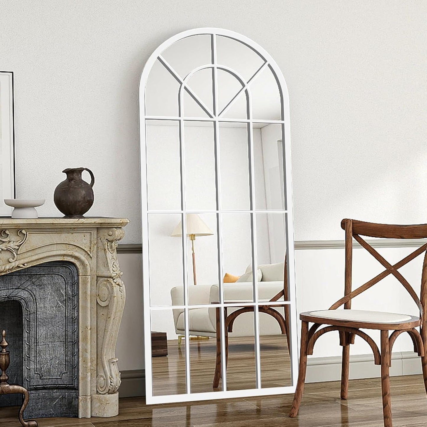 Full Length Mirror, 71"x32" Mirror Full Length, Oversized Floor Length Standing Mirrors, Arched Large Body Wall Mounted Window Pane Mirrors, Hanging or Leaning for Bedroom (White)