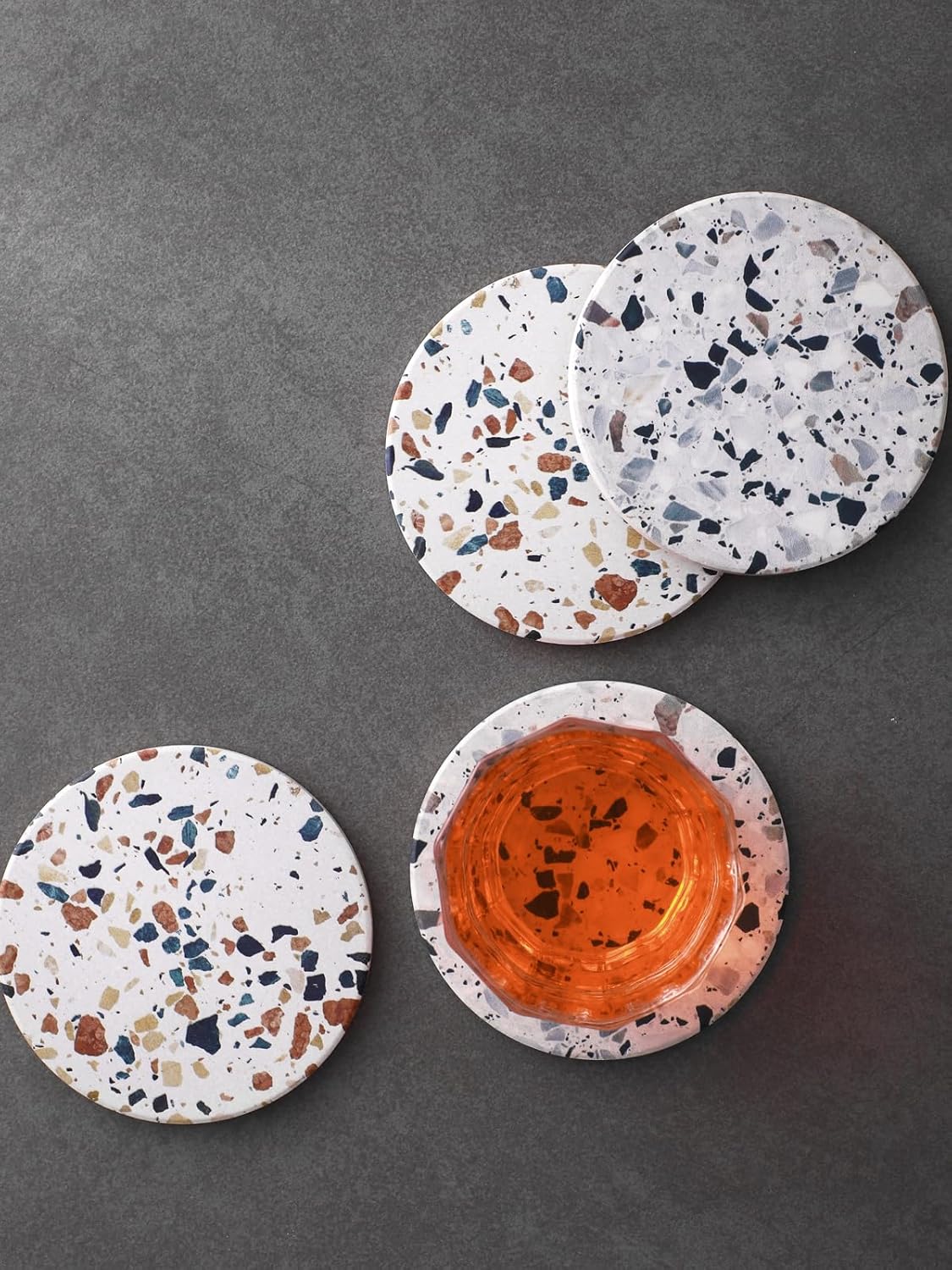 LIFVER Absorbent Drink Coasters with Holder, Set of 6 Ceramic Coasters Set with Cork Base, for Kinds of Drinking Glasses, 4 Inches Stone Coasters for Home Decor, White Elephant Gifts for Adults