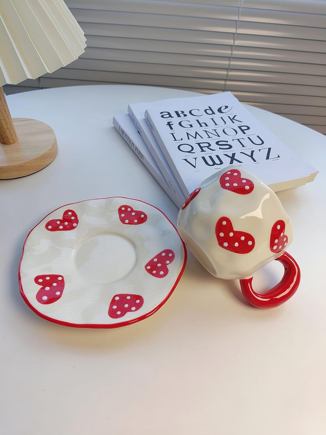 Cute Red Hearts Coffee Mugs Set - 250 ML Ceramic Cup Gifts for Women, Birthday, Tea, Coffee - Includes Saucer