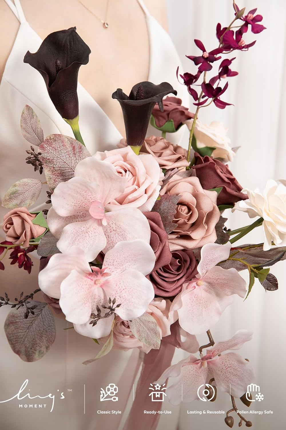 Ling's moment Dusty Rose Wedding Bouquets for Bride, Pink Bridal Bouquets for Bride, 13 Inch Free Form Artificial Wedding Flower Bouquet