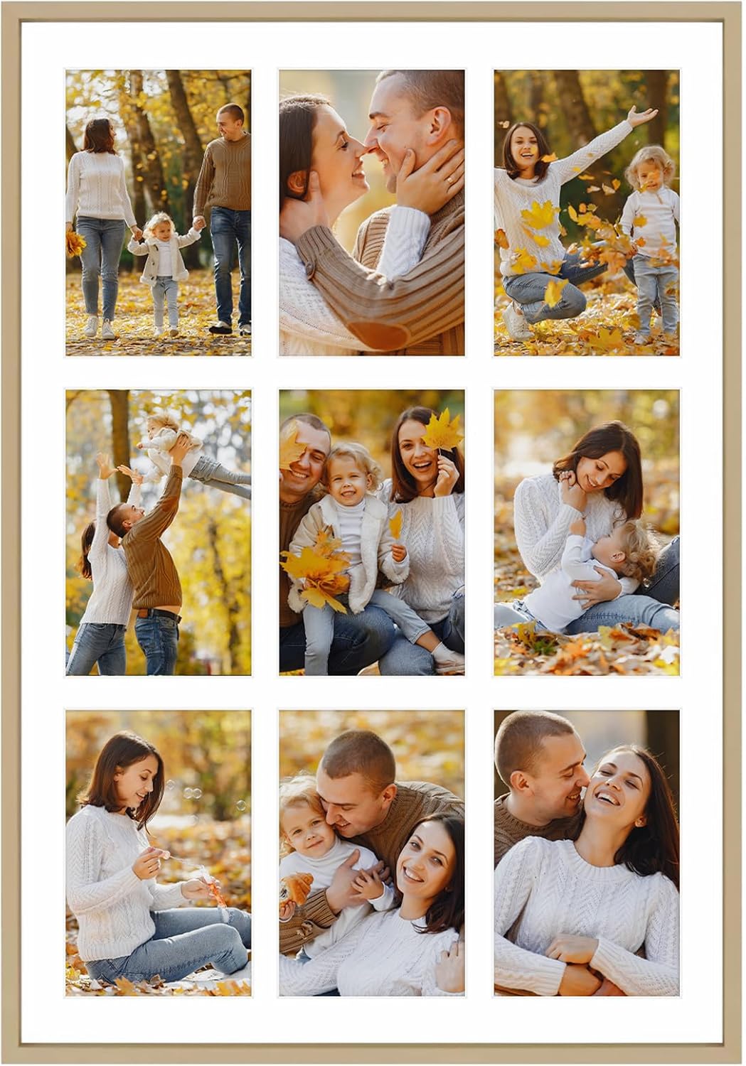 Frametory - 13.6x19.7 Aluminum Collage Picture Frame - Display 4x6 Pictures with 9 Openings Mat - Real Glass Front - Horizontal/Vertical Wall Mount - Gold 1 Pack